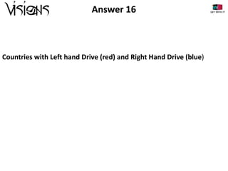 Answer 16

Countries with Left hand Drive (red) and Right Hand Drive (blue)

 