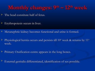 Monthly changes: 9th – 12th week


The head constitute half of fetus.



Erythropoiesis occurs in liver.



Metanephric kidney becomes functional and urine is formed.



Physiological hernia occurs and persists till 10th week & returns by 11th
week.



Primary Ossification centre appears in the long bones.



External genitalia differentiated, identification of sex possible.

 