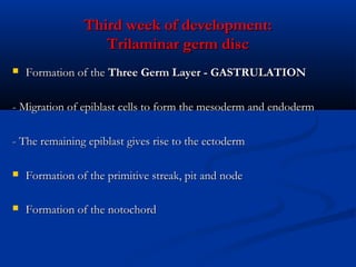 Third week of development:
Trilaminar germ disc


Formation of the Three Germ Layer - GASTRULATION

- Migration of epiblast cells to form the mesoderm and endoderm
- The remaining epiblast gives rise to the ectoderm


Formation of the primitive streak, pit and node



Formation of the notochord 

 