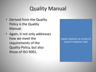 Quality Manual
• Derived from the Quality
Policy is the Quality
Manual.
• Again, it not only addresses
how we meet the
requirements of the
Quality Policy, but also
those of ISO 9001.
INSERT GRAPHIC OF COVER OF
QUALITY MANUAL HERE
 