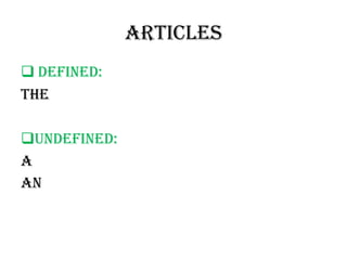 articles
 defined:
The

Undefined:
A
an
 