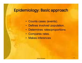 Epidemiology: Basic approach

      •   Counts cases (events).
      •   Defines involved population.
      •   Determines rates/proportions
      •   Compares rates.
      •   Makes inferences




                                         16
                Akhilesh Bhargava
 