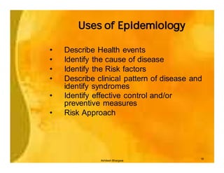 Uses of Epidemiology

•   Describe Health events
•   Identify the cause of disease
•   Identify the Risk factors
•   Describe clinical pattern of disease and
    identify syndromes
•   Identify effective control and/or
    preventive measures
•   Risk Approach




                                           18
              Akhilesh Bhargava
 