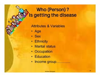 Who (Person) ?
Is getting the disease

 Attributes & Variables
 • Age
 • Sex
 • Ethnicity
 • Marital status
 • Occupation
 • Education
 • Income group…………

                            29
        Akhilesh Bhargava
 