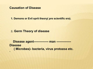 Causation of Disease
1. Demons or Evil sprit theory( pre scientific era).
2. Germ Theory of disease
Disease agent-------------- man --------------
Disease
( Microbes)- bacteria, virus protozoa etc.
`
 