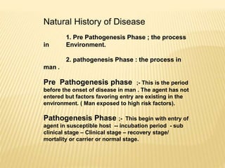 Natural History of Disease
1. Pre Pathogenesis Phase ; the process
in Environment.
2. pathogenesis Phase : the process in
man .
Pre Pathogenesis phase ;- This is the period
before the onset of disease in man . The agent has not
entered but factors favoring entry are existing in the
environment. ( Man exposed to high risk factors).
Pathogenesis Phase ;- This begin with entry of
agent in susceptible host -- incubation period - sub
clinical stage – Clinical stage – recovery stage/
mortality or carrier or normal stage.
 