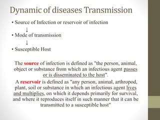 Dynamic of diseases Transmission
• Source of Infection or reservoir of infection
↓
• Mode of transmission
↓
• Susceptible Host
The source of infection is defined as "the person, animal,
object or substance from which an infectious agent passes
or is disseminated to the host".
A reservoir is defined as "any person, animal, arthropod,
plant, soil or substance in which an infectious agent lives
and multiplies, on which it depends primarily for survival,
and where it reproduces itself in such manner that it can be
transmitted to a susceptible host"
 