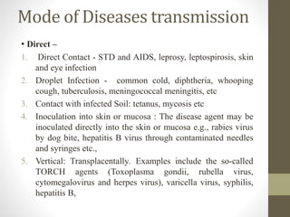 Mode of Diseases transmission
• Direct –
1. Direct Contact - STD and AIDS, leprosy, leptospirosis, skin
and eye infection
2. Droplet Infection - common cold, diphtheria, whooping
cough, tuberculosis, meningococcal meningitis, etc
3. Contact with infected Soil: tetanus, mycosis etc
4. Inoculation into skin or mucosa : The disease agent may be
inoculated directly into the skin or mucosa e.g., rabies virus
by dog bite, hepatitis B virus through contaminated needles
and syringes etc.,
5. Vertical: Transplacentally. Examples include the so-called
TORCH agents (Toxoplasma gondii, rubella virus,
cytomegalovirus and herpes virus), varicella virus, syphilis,
hepatitis B,
 