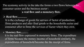 6
The economy activity in the take the forms o two flows between the
consumer sector and the business sector :
a real flow and a monetary flow.
 Real flow……….
It is the exchange of goods for service of factor of production;
firms produces and after final goods to the households sector and
consumer after to firms the services of factor which they own.
 Monetary flow………
it is the real flow expressed in monetory firms. The expenditure
of firms because the money income of household similarly, the
expenditures of household become the the receipt of firms.
 