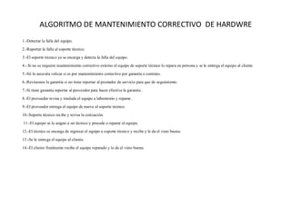 ALGORITMO DE MANTENIMIENTO CORRECTIVO DE HARDWRE
1.-Detectar la falla del equipo.
2.-Reportar la falla al soporte técnico.
3.-El soporte técnico ya se encarga y detecta la falla del equipo.
4.-.Si no se requiere mantenimiento correctivo externo el equipo de soporte técnico lo repara en persona y se le entrega el equipo al cliente
5.-Sii lo necesita velicar si es por mantenimiento correctivo por garantía o contrato.
6.-Revisamos la garantía si no tiene reportar al prestador de servicio para que de seguimiento.
7.-Si tiene garantía reportar al proveedor para hacer efectiva la garantía .
8.-El proveedor revisa y traslada el equipo a laboratorio y reparar.
9.-El proveedor entrega el equipo de nuevo al soporte técnico.
10.-Soporte técnico recibe y revisa la cotización.
11.-El equipo se le asigno a un técnico y procede a reparar el equipo.
12.-El técnico se encarga de regresar el equipo a soporte técnico y recibe y le da el visto bueno.
13.-Se le entrega el equipo al cliente.
14.-El cliente finalmente recibe el equipo reparado y le da el visto bueno.
 