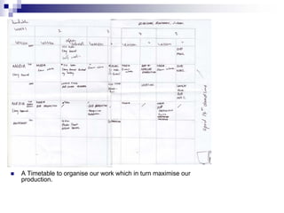    A Timetable to organise our work which in turn maximise our
    production.
 
