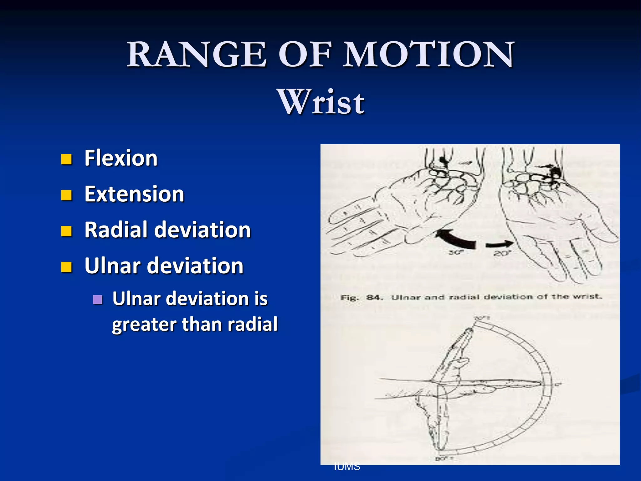 RANGE OF MOTION
Wrist
 Flexion
 Extension
 Radial deviation
 Ulnar deviation
 Ulnar deviation is
greater than radial
IUMS
 