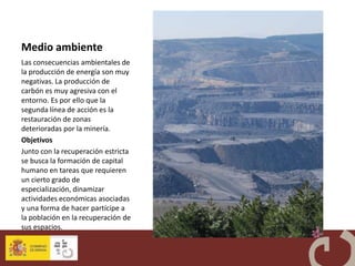 Medio ambiente
Las consecuencias ambientales de
la producción de energía son muy
negativas. La producción de
carbón es muy agresiva con el
entorno. Es por ello que la
segunda línea de acción es la
restauración de zonas
deterioradas por la minería.
Objetivos
Junto con la recuperación estricta
se busca la formación de capital
humano en tareas que requieren
un cierto grado de
especialización, dinamizar
actividades económicas asociadas
y una forma de hacer partícipe a
la población en la recuperación de
sus espacios.
 
