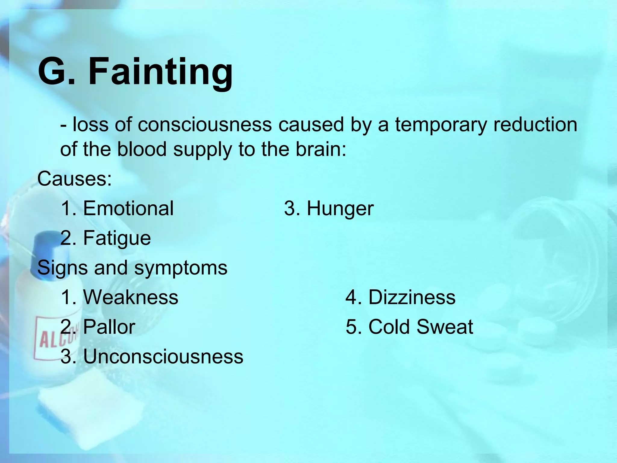 Do not require the victim to make decision.Dos and DON’Ts of First AidWhen giving first aid to casualty, remember the following:DO act promptly but calmly.DO reassure the casualty and gently examine him/her to determine the needed first aidDO give lifesaving measures as requiredDON’T position a victim on his back, if he/she is unconscious or the wound on his/her face or neckDON’T remove clothing from an injured victim by pulling or tearing it off.DON’T touch or try to clean dirty wounds, including burns.DON’T remove dressing and band-ages once they have been put on a wound.