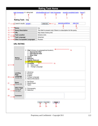 Rating Task Home
     rater homepage  rating task      johndoe@gmail.com [ rater homepage  recently completed tasks  logout ]


      1                     2                         3                   4                5                    6
     Rating Task - icq

17    [ search results: google ]                                              general guidelines  rater hub
                                                                      8

11     Query                              Icq                                        9                    10
12     Query Description                  This field is present only if there is a description for the query.
13     URL                                http://www.mobicq.info/
14     Task Location                      Ukraine (UA)
15     Task Language                      Ukrainian
16     Other Acceptable Languages         Russian


     URL RATING


                        Vital (choose one geographical location)                                18
                          Appropriate Vital
                          International Vital
                          Other Vital
                        Useful
       Rating           Relevant
       Choose one
                        Slightly Relevant
                        Off-Topic or Useless
                        Unratable                                19
17                            Didn’t Load
                              Foreign Language


                          Ukrainian
       Landing
                          Russian
       Page
                          English
       Language
20                        Foreign Language
       Choose one
                          None of the above

                        Not Spam
       Spam
21                      Maybe Spam
       Choose one
                        Spam

       Other Flags      Pornography
22     Choose all
       that apply
                        Malicious


23     Comment




                                               24     25                26




                                Proprietary and Confidential – Copyright 2011                                       113
 