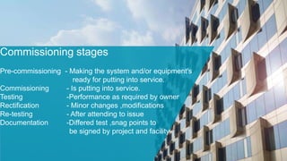 Commissioning stages
Pre-commissioning - Making the system and/or equipment's
ready for putting into service.
Commissioning - Is putting into service.
Testing -Performance as required by owner
Rectification - Minor changes ,modifications
Re-testing - After attending to issue
Documentation -Differed test ,snag points to
be signed by project and facility
 