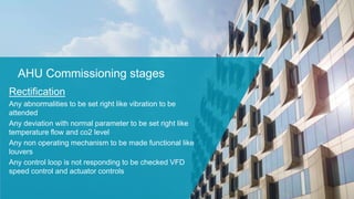 AHU Commissioning stages
Rectification
Any abnormalities to be set right like vibration to be
attended
Any deviation with normal parameter to be set right like
temperature flow and co2 level
Any non operating mechanism to be made functional like
louvers
Any control loop is not responding to be checked VFD
speed control and actuator controls
 