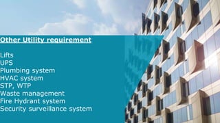 Other Utility requirement
Lifts
UPS
Plumbing system
HVAC system
STP, WTP
Waste management
Fire Hydrant system
Security surveillance system
 