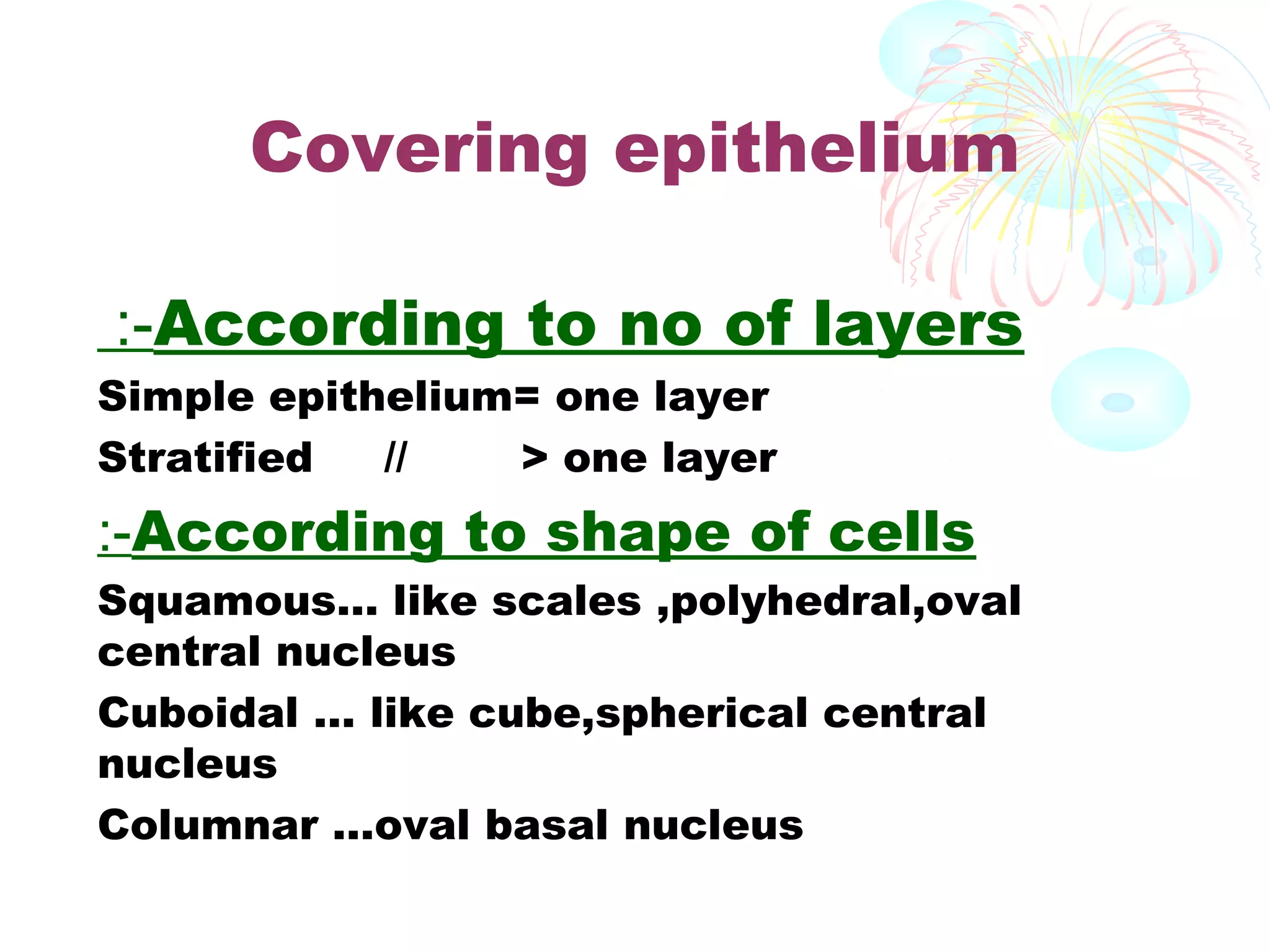 Covering epithelium
:-According to no of layers

Simple epithelium= one layer
Stratified
//
> one layer

:-According to shape of cells
Squamous… like scales ,polyhedral,oval
central nucleus
Cuboidal … like cube,spherical central
nucleus
Columnar …oval basal nucleus

 