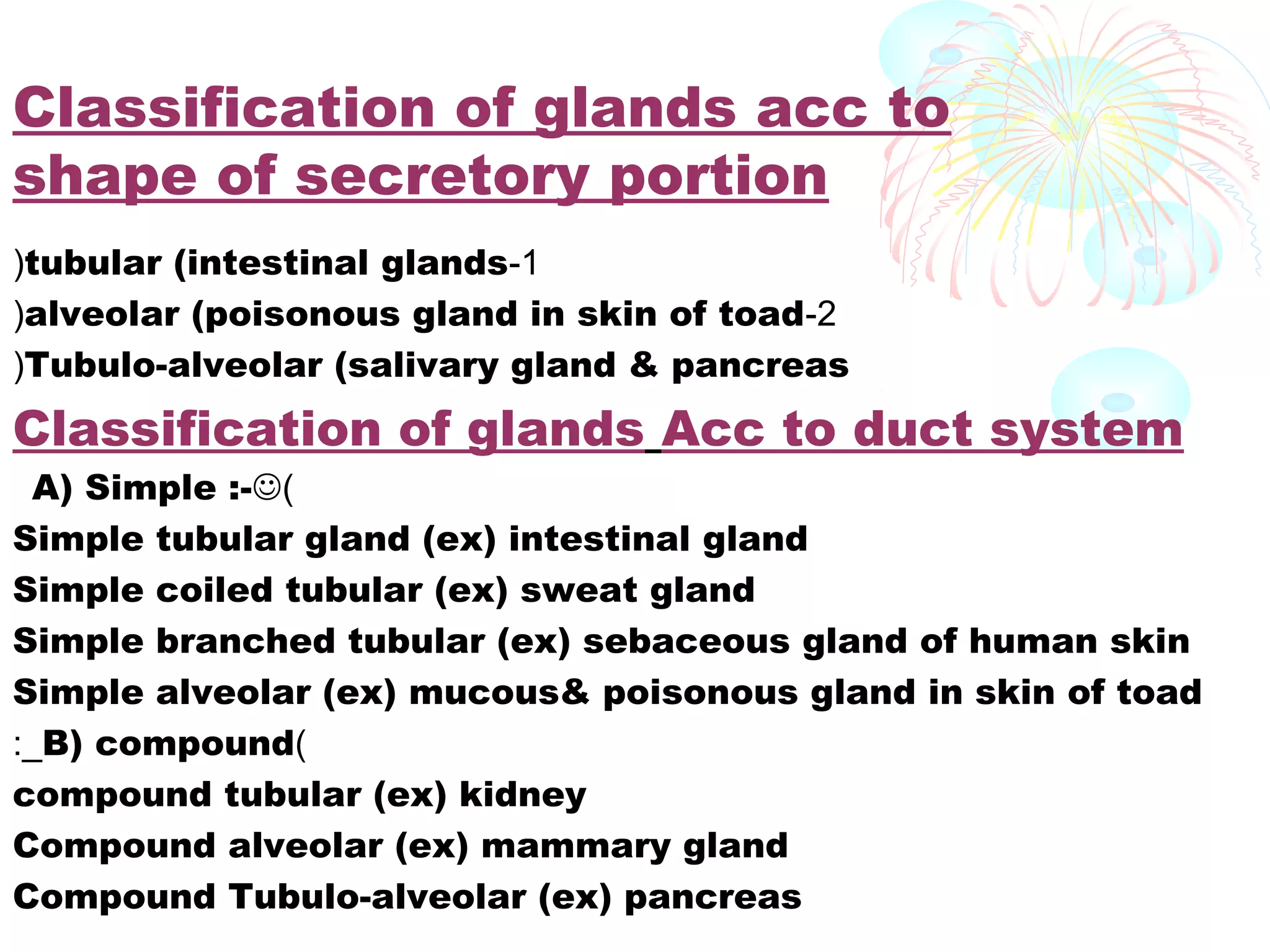 Classification of glands acc to
shape of secretory portion
(tubular (intestinal glands-1
(alveolar (poisonous gland in skin of toad-2
(Tubulo-alveolar (salivary gland & pancreas

Classification of glands Acc to duct system

A) Simple :-)
Simple tubular gland (ex) intestinal gland
Simple coiled tubular (ex) sweat gland
Simple branched tubular (ex) sebaceous gland of human skin
Simple alveolar (ex) mucous& poisonous gland in skin of toad
:_B) compound)
compound tubular (ex) kidney
Compound alveolar (ex) mammary gland
Compound Tubulo-alveolar (ex) pancreas

 