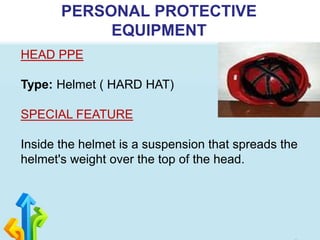 PERSONAL PROTECTIVE
EQUIPMENT
HEAD PPE
Type: Helmet ( HARD HAT)
SPECIAL FEATURE
Inside the helmet is a suspension that spreads the
helmet's weight over the top of the head.
 