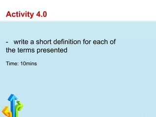 Activity 4.0
- write a short definition for each of
the terms presented
Time: 10mins
 