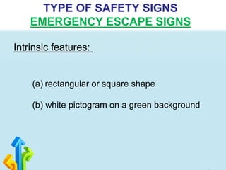 Intrinsic features:
TYPE OF SAFETY SIGNS
EMERGENCY ESCAPE SIGNS
(a) rectangular or square shape
(b) white pictogram on a green background
 