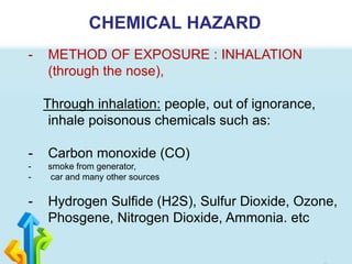 CHEMICAL HAZARD
- METHOD OF EXPOSURE : INHALATION
(through the nose),
Through inhalation: people, out of ignorance,
inhale poisonous chemicals such as:
- Carbon monoxide (CO)
- smoke from generator,
- car and many other sources
- Hydrogen Sulfide (H2S), Sulfur Dioxide, Ozone,
Phosgene, Nitrogen Dioxide, Ammonia. etc
 