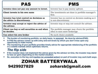 The burden of monitoring portfolio, on daily basis, is  removed .  As done by advisor(PAS). In PAS the advisor comes up with entry and exit levels by which you don’t miss upon any opportunity to make money. The monitoring of your portfolio provides timely advice for appropriate rebalancing of the portfolio in a volatile markets which optimizes returns. The flip side If the investor does not implement the advice given by the advisor on time, the investor may stand to lose (or gain) depending on the market situation.  So, execution is the key and  inaction (or unneeded action ) on part of investor may work both ways. ZOHAR   BATTERYWALA 9429927829  [email_address] PAS PMS Investor does not pay any amount to invest. Investor has to pay money upfront. Client invests in his own name The investments are done in portfolio manager’s firm. Investor has total control on decisions as the advice is discretionary. Investor has no control on decision-making as it is non-discretionary Investor may accept or reject the advice of the advisor. Investor may or may not consult the advisor. Client can buy or sell securities as and when he decides. The portfolio manager may churn the portfolio often to earn more brokerage. Can select his own broker No such choice available. 