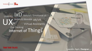 UX  
Internet  of  Things  
IxD  
Virtual  Assistants  
Eye-­‐Tracking  
Usability  
Mobile  &  Wearable   AR/VR  
Natural  /  EmoAonal  UI  
‘97  
‘00  
‘08  
Leandro Agrò, Designer…
TAM TAM TALKS
 