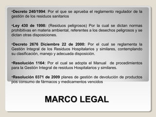 MARCO LEGALMARCO LEGAL
•Decreto 240/1994: Por el que se aprueba el reglamento regulador de la
gestión de los residuos sanitarios
•Ley 430 de 1998: (Residuos peligrosos) Por la cual se dictan normas
prohibitivas en materia ambiental, referentes a los desechos peligrosos y se
dictan otras disposiciones.
•Decreto 2676 Diciembre 22 de 2000: Por el cual se reglamenta la
Gestión Integral de los Residuos Hospitalarios y similares, contemplando
su clasificación, manejo y adecuada disposición.
•Resolución 1164: Por el cual se adopta el Manual de procedimientos
para la Gestión Integral de residuos Hospitalarios y similares.
•Resolución 0371 de 2009 planes de gestión de devolución de productos
pos consumo de fármacos y medicamentos vencidos
 