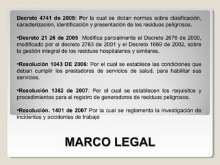 MARCO LEGALMARCO LEGAL
Decreto 4741 de 2005: Por la cual se dictan normas sobre clasificación,
caracterización, identificación y presentación de los residuos peligrosos.
•Decreto 21 26 de 2005 Modifica parcialmente el Decreto 2676 de 2000,
modificado por el decreto 2763 de 2001 y el Decreto 1669 de 2002, sobre
la gestión integral de los residuos hospitalarios y similares.
•Resolución 1043 DE 2006: Por el cual se establece las condiciones que
deban cumplir los prestadores de servicios de salud, para habilitar sus
servicios.
•Resolución 1362 de 2007:: PPor el cual se establecen los requisitos y
procedimientos para el registro de generadores de residuos peligrosos.
•Resolución. 1401 de 2007 Por la cual se reglamenta la investigación de
incidentes y accidentes de trabajo
 