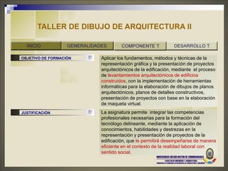 TALLER DE DIBUJO DE ARQUITECTURA II


OBJETIVO DE FORMACIÓN   Aplicar los fundamentos, métodos y técnicas de la
                        representación gráfica y la presentación de proyectos
                        arquitectónicos de la edificación, mediante el proceso
                        de levantamientos arquitectónicos de edificios
                        construidos, con la implementación de herramientas
                        informáticas para la elaboración de dibujos de planos
                        arquitectónicos, planos de detalles constructivos,
                        presentación de proyectos con base en la elaboración
                        de maqueta virtual.
JUSTIFICACIÓN           La asignatura permite integrar las competencias
                        profesionales necesarias para la formación del
                        tecnólogo delineante, mediante la aplicación de
                        conocimientos, habilidades y destrezas en la
                        representación y presentación de proyectos de la
                        edificación, que le permitirá desempeñarse de manera
                        eficiente en el contexto de la realidad laboral con
                        sentido social.
 
