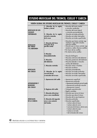 ESTUDIO MUSCULAR DEL TRONCO, CUELLO Y CABEZA
40 ANATOMÍA APLICADA A LA ACTIVIDAD FÍSICA Y DEPORTIVA
1. Músculos de la región
lumbar y dorsal
2. Músculos de la región
cervical o músculos
de la nuca
1. Músculos del tórax
(músculos de la
parrilla costal)
2. Músculos
tóracoabdominales
3. Músculos
del abdomen
1. Músculos ventrales
2. Músculos de la región
cervical dorsal
o músculos de la nuca
1. Aponeurosis del cuello
2. Regiones del cuello
1. Músculos del primer
arco o arco mandibular
2. Músculos del segundo
arco o arco anterior
del hioides
MÚSCULOS DE LOS
CANALES
VERTEBRALES
MÚSCULOS
DEL TÓRAX
Y EL ABDOMEN
MÚSCULOS
DEL CUELLO
APONEUROSIS Y
REGIONES
DEL CUELLO
MÚSCULOS
DE LA CABEZA
– Músculos del tracto medial
o músculos vertebrales
– Músculos del tracto lateral
o músculos paravertebrales
– Músculos cervicales profundos
– Músculos cervicales intermedios
– Músculos cervicales superficiales
– Músculos que tienen carácter seg-
mentario o que están situados
entre las costillas
– Músculo que no tiene carácter seg-
mentario y saltan diversas costillas:
• Por fuera de las costillas
• Por dentro de las costillas
– Músculo diafragma
– Músculos anteriores del abdomen
– Músculos posteriores del abdomen
– Músculos laterales o músculos
anchos del abdomen
– Musculos rectos o hioideos
– Músculos escalenos
– Músculos prevertebrales
– Músculos cervicales profundos
– Músculos cervicales intermedios
– Músculos cervicales superficiales
– Aponeurosis superficial
– Aponeurosis profunda:
• Aponeurosis profunda cervical media
• Aponeurosis profunda vascular
• Aponeurosis visceral
– Triángulo supraclavicular
– Región carotídea
– Músculos que cierran la boca
– Músculos que abren la boca
– Músculos de la caja timpánica
– Músculos profundos
– Músculos superficiales:
• actúan sobre la boca
• actúan sobre la nariz
• comunes de la boca y de la nariz
• actúan sobre los ojos
• actúan en el oído
• de la bóveda del cráneo
VISIÓN GLOBAL DEL ESTUDIO MUSCULAR DEL TRONCO, CUELLO Y CABEZA
 