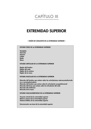 CAPÍTULO III
EXTREMIDAD SUPERIOR
ESTUDIO ÓSEO DE LA EXTREMIDAD SUPERIOR
Omóplato
Clavícula
Húmero
Cúbito
Radio
Mano
ESTUDIO ARTICULAR DE LA EXTREMIDAD SUPERIOR
Región del hombro
Región del codo
Región de la muñeca
Región de la mano
ESTUDIO MUSCULAR DE LA EXTREMIDAD SUPERIOR
Músculos del hombro que actúan sobre las articulaciones esternocostoclavicula-
res y acromioclaviculares
Músculos del hombro que actúan sobre la articulación escapulohumeral
Músculos del brazo que actúan sobre la articulación del codo
Musculos del antebrazo
Músculos de la mano
ESTUDIO VASCULONERVIOSO DE LA EXTREMIDAD SUPERIOR
Trayecto arterial de la extremidad superior
Retorno venoso de la extremidad superior
Sistema linfático de la extremidad superior
Estructuración nerviosa de la extremidad superior
– VISIÓN DE CONJUNTO DE LA EXTREMIDAD SUPERIOR –
 