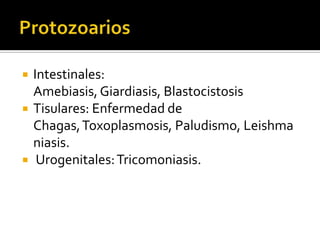 




Intestinales:
Amebiasis, Giardiasis, Blastocistosis
Tisulares: Enfermedad de
Chagas, Toxoplasmosis, Paludismo, Leishma
niasis.
Urogenitales: Tricomoniasis.

 