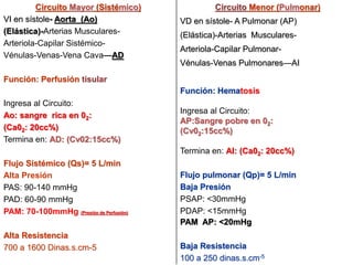 Circuito Mayor (Sistémico) 
VI en sístole- Aorta (Ao) 
(Elástica)-Arterias Musculares- 
Arteriola-Capilar Sistémico- 
Vénulas-Venas-Vena Cava—AD 
Función: Perfusión tisular 
Ingresa al Circuito: 
Ao: sangre rica en 02: 
(Ca02: 20cc%) 
Termina en: AD: (Cv02:15cc%) 
Flujo Sistémico (Qs)= 5 L/min 
Alta Presión 
PAS: 90-140 mmHg 
PAD: 60-90 mmHg 
PAM: 70-100mmHg (Presión de Perfusión) 
Alta Resistencia 
700 a 1600 Dinas.s.cm-5 
Circuito Menor (Pulmonar) 
VD en sístole- A Pulmonar (AP) 
(Elástica)-Arterias Musculares- 
Arteriola-Capilar Pulmonar- 
Vénulas-Venas Pulmonares—AI 
Función: Hematosis 
Ingresa al Circuito: 
AP:Sangre pobre en 02: 
(Cv02:15cc%) 
Termina en: AI: (Ca02: 20cc%) 
Flujo pulmonar (Qp)= 5 L/min 
Baja Presión 
PSAP: <30mmHg 
PDAP: <15mmHg 
PAM AP: <20mHg 
Baja Resistencia 
100 a 250 dinas.s.cm-5 
 