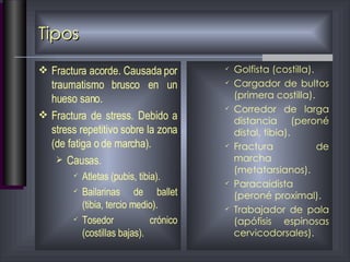 Tipos Fractura acorde. Causada por traumatismo brusco en un hueso sano. Fractura de stress. Debido a stress repetitivo sobre la zona (de fatiga o de marcha). Causas. Atletas (pubis, tibia). Bailarinas de ballet (tibia, tercio medio). Tosedor crónico (costillas bajas). Golfista (costilla). Cargador de bultos (primera costilla). Corredor de larga distancia (peroné distal, tibia). Fractura de marcha (metatarsianos). Paracaidista (peroné proximal). Trabajador de pala (apófisis espinosas cervicodorsales). 