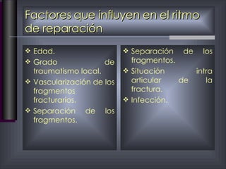 Factores que influyen en el ritmo de reparación Edad. Grado de traumatismo local. Vascularización de los fragmentos fracturarios. Separación de los fragmentos. Separación de los fragmentos. Situación intra articular de la fractura. Infección. 