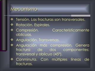 Mecanismo Tensión. Las fracturas son transversales. Rotación. Espirales. Compresión. Característicamente oblicuas. Angulación. Transversas. Angulación más compresión. Genera fractura de dos componentes: transversal y oblicuo (45º). Conminuta. Con múltiples líneas de fracturas. 