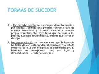 FORMAS DE SUCEDER
A . Por derecho propio: se sucede por derecho propio o
por cabezas, cuando una persona sucede a otra de
manera inmediata y directa. Hacerlo a nombre
propio, directamente. Ejm: hijos que heredan a los
padres. Cónyuge sobreviviente. Padres que heredan
de hijos.
B. Por representación: el llamado a recoger la herencia
ha fallecido con anterioridad al causante, o a estado
excluido de ella por indignidad o desheredación. El
heredero es reemplazado por sus hijos y
descendientes. Hereda por estirpes.
 