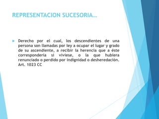 REPRESENTACION SUCESORIA…
 Derecho por el cual, los descendientes de una
persona son llamadas por ley a ocupar el lugar y grado
de su ascendiente, a recibir la herencia que a éste
correspondería si viviese, o la que hubiera
renunciado o perdido por indignidad o desheredación.
Art. 1023 CC
 
