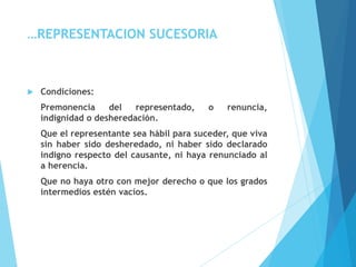 …REPRESENTACION SUCESORIA
 Condiciones:
Premonencia del representado, o renuncia,
indignidad o desheredación.
Que el representante sea hábil para suceder, que viva
sin haber sido desheredado, ni haber sido declarado
indigno respecto del causante, ni haya renunciado al
a herencia.
Que no haya otro con mejor derecho o que los grados
intermedios estén vacíos.
 