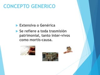 CONCEPTO GENERICO
 Extensiva o Genérica
 Se refiere a toda trasmisión
patrimonial, tanto inter-vivos
como mortis-causa.
 