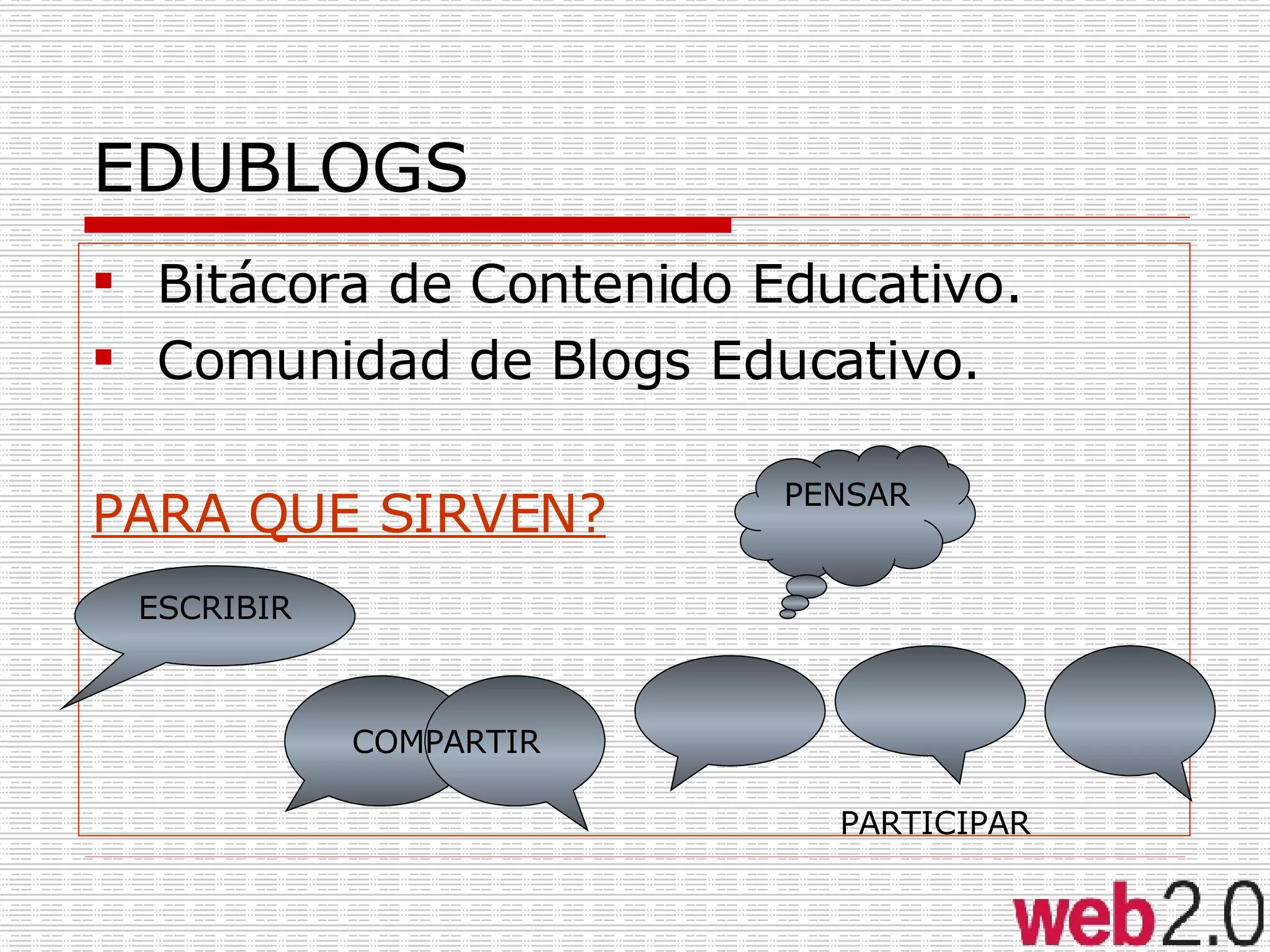 EDUBLOGS Bitácora de Contenido Educativo. Comunidad de Blogs Educativo. PARA QUE SIRVEN? PENSAR ESCRIBIR COMPARTIR PARTICIPAR 