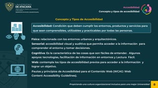 8
Propiciando una cultura organizacional inclusiva para una mejor Universidad
Concepto y Tipos de Accesibilidad
Accesibilidad
Concepto y tipos de accesibilidad
Física: relacionada con los entornos urbanos y arquitectónicos.
Sensorial: accesibilidad visual y auditiva que permita acceder a la información para
comprender el entorno y tomar decisiones.
Cognitiva: Es la característica de las cosas que son fáciles de entender. Algunos
apoyos: tecnologías, facilitación de información en entornos y Lectura Fácil.
Web: contempla los tipos de accesibilidad previos para acceder a la información y
lograr un objetivo.
Pautas y principios de Accesibilidad para el Contenido Web (WCAG: Web
Content Accessibility Guidelines).
Accesibilidad: Condición que deben cumplir los entornos, productos y servicios para
que sean comprensibles, utilizables y practicables por todas las personas.
 