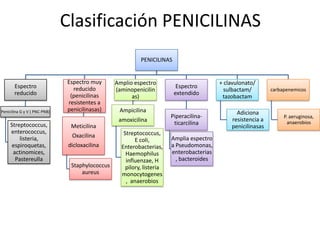 Clasificación PENICILINAS
                                                           PENICILINAS


                              Espectro muy       Amplio espectro                          + clavulonato/
       Espectro                 reducido                                  Espectro
                                                 (aminopenicilin                            sulbactam/        carbapenemicos
       reducido                (penicilinas                              extendido
                                                       as)                                 tazobactam
                              resistentes a
Penicilina G y V ( PNC-PNB)   penicilinasas)      Ampicilina                                    Adiciona
                                                                        Piperacilina-                              P. aeruginosa,
                                                  amoxicilina                                 resistencia a          anaerobios
     Streptococcus,                                                      ticarcilina
                                Meticilina                                                    penicilinasas
     enterococcus,                                  Streptococcus,
         listeria,              Oxacilina                               Amplia espectro
                                                         E coli,
      espiroquetas,            dicloxacilina       Enterobacterias,     a Pseudomonas,
      actinomices,                                   Haemophilus        enterobacterias
       Pastereulla                                   influenzae, H        , bacteroides
                                Staphylococcus       pilory, listeria
                                    aureus         monocytogenes
                                                     , anaerobios
 
