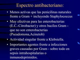 Espectro antibacteriano:
• Menos activas que las penicilinas naturales
frente a Gram + incluyendo Staphylococcus
• Muy efectivas para las enterobacterias
(E.C.-Citrobacter) y otros bacilos Gram -
que no son enterobacterias
(Pseudomona,Acinetob)
• Actividad singular frente a Klebsiella.
• Importantes agentes frente a infecciones
graves causadas por Gram - sobre todo en
sepsis intrahospitalarias o
inmunodeprimidos.
 