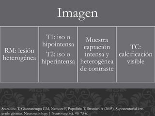 Imagen
RM: lesión
heterogénea
T1: iso o
hipointensa
T2: iso o
hiperintensa
Muestra
captación
intensa y
heterogénea
de contraste
TC:
calcificación
visible
Scarabino T, Giannatempo GM, Nemore F, Popolizio T, Stranieri A (2005). Supratentorial low-
grade gliomas. Neuroradiology. J Neurosurg Sci. 49: 73-6.
 