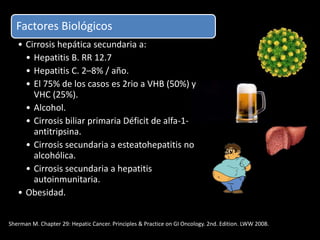 Factores Biológicos
• Cirrosis hepática secundaria a:
• Hepatitis B. RR 12.7
• Hepatitis C. 2–8% / año.
• El 75% de los casos es 2rio a VHB (50%) y
VHC (25%).
• Alcohol.
• Cirrosis biliar primaria Déficit de alfa-1-
antitripsina.
• Cirrosis secundaria a esteatohepatitis no
alcohólica.
• Cirrosis secundaria a hepatitis
autoinmunitaria.
• Obesidad.
Sherman M. Chapter 29: Hepatic Cancer. Principles & Practice on GI Oncology. 2nd. Edition. LWW 2008.
 